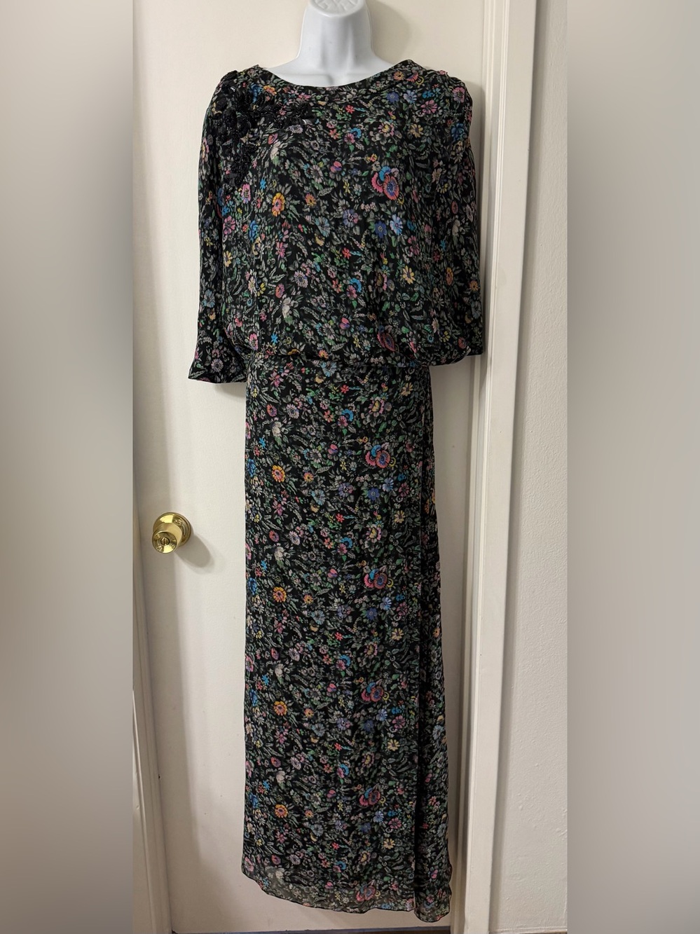 Megan Park Silk Black  Floral Maxi Dress with Multicolor Bouquet Print